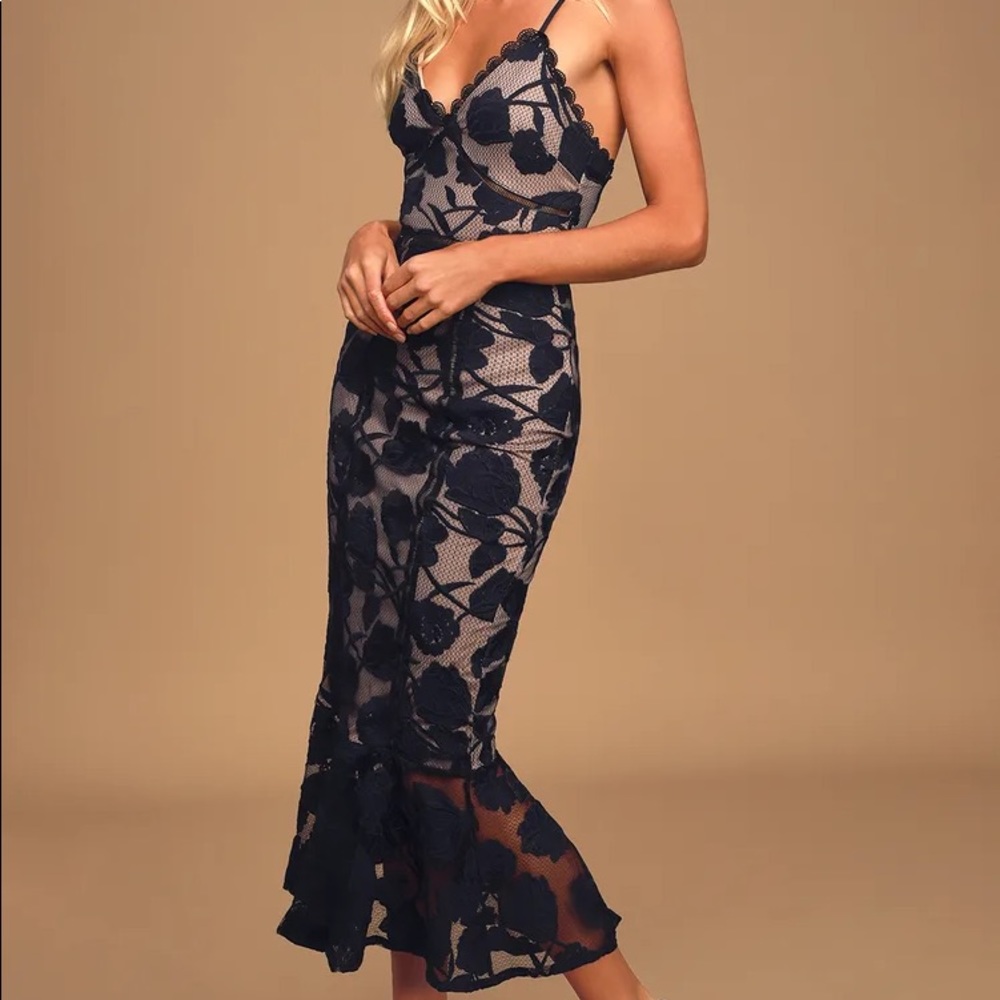 Lulus Navy Mesh Lace Trumpet Dress